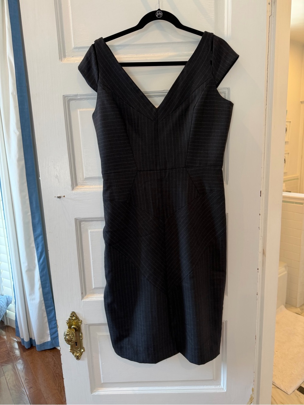 Milly Black Pinstripe V-Neck Sheath Midi Dress